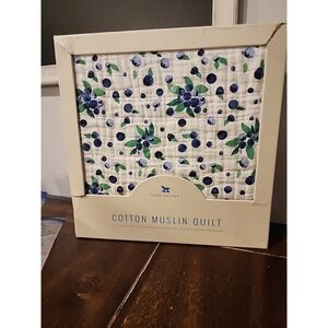 Little Unicorn Blueberry Fruit Print Baby Quilt Blanket Blue Muslin 44x45"